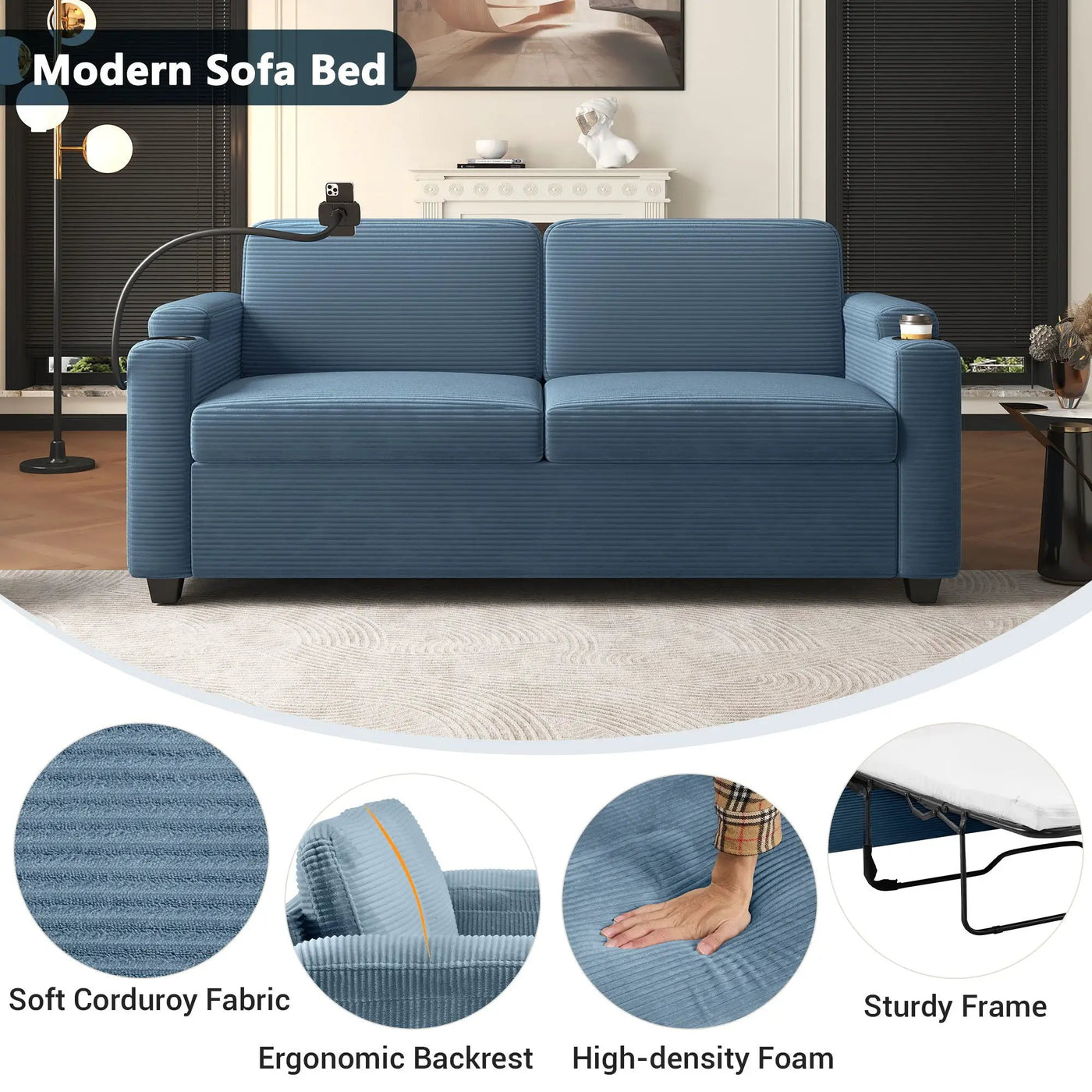 Sleeper Sofa Loveseat Sofa With Full Size Mattress, 2 USB Ports, 2 Cup Holders, 2 Side Pockets And Phone Holder by HouseOfZazla