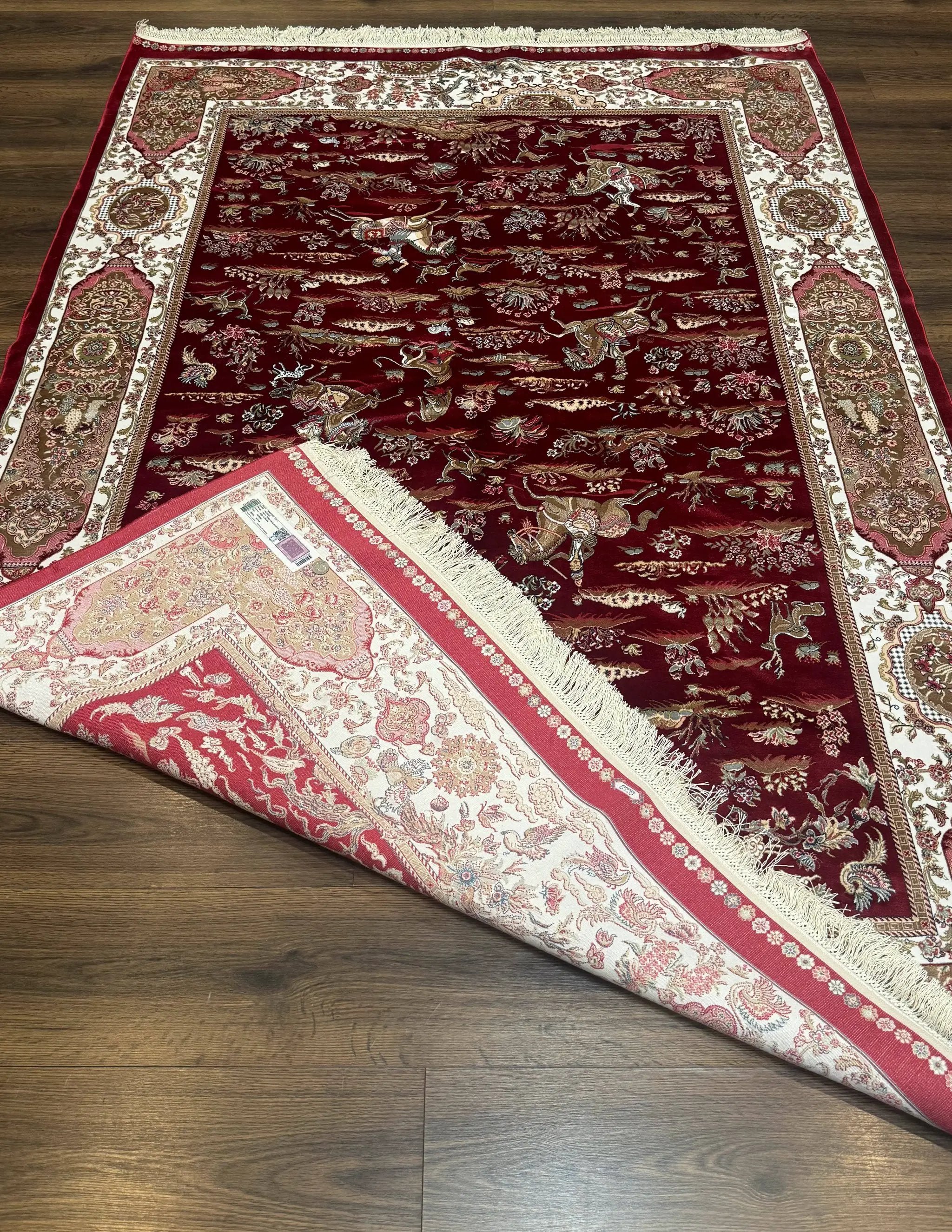 Turkish Silk Hunting Scene Rug 5 x 7.6, Red & Ivory, Bamboo Silk, New by Jewel Rugs