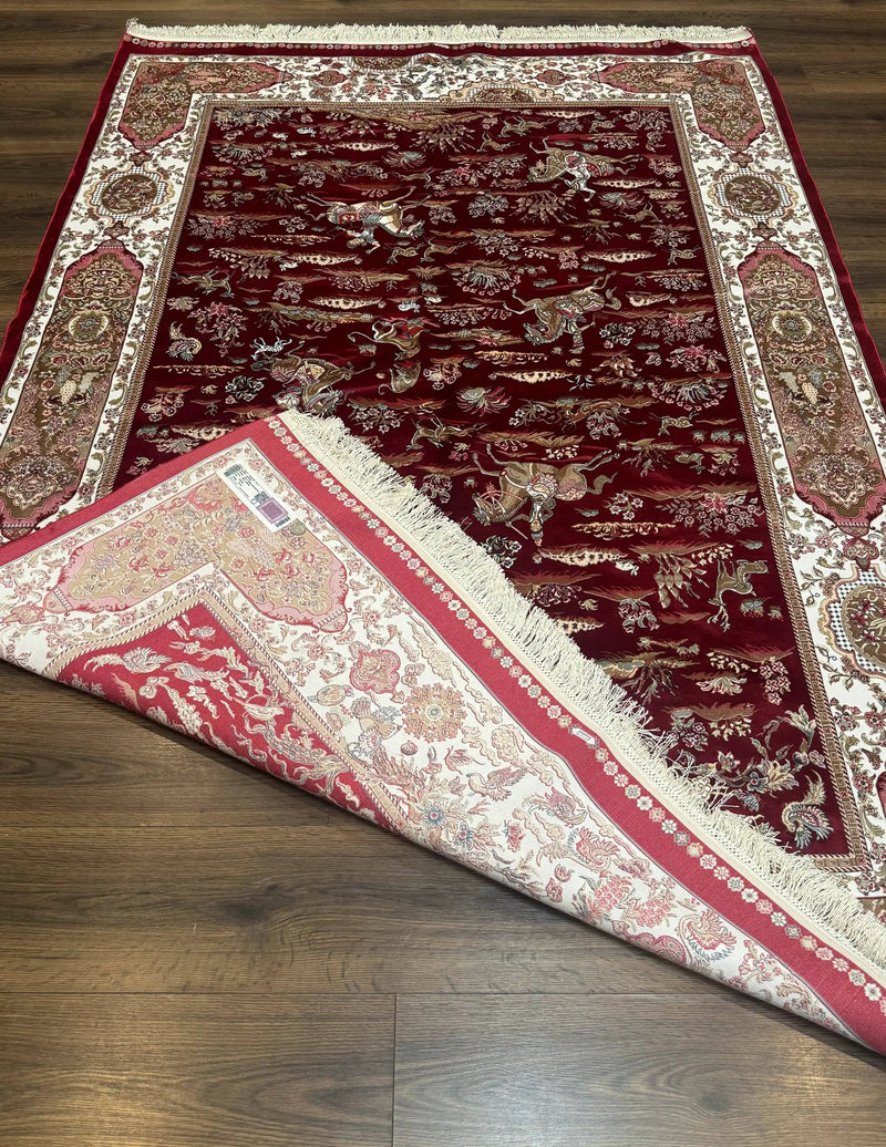 Turkish Silk Hunting Scene Rug 5 x 7.6, Red & Ivory, Bamboo Silk, New by Jewel Rugs