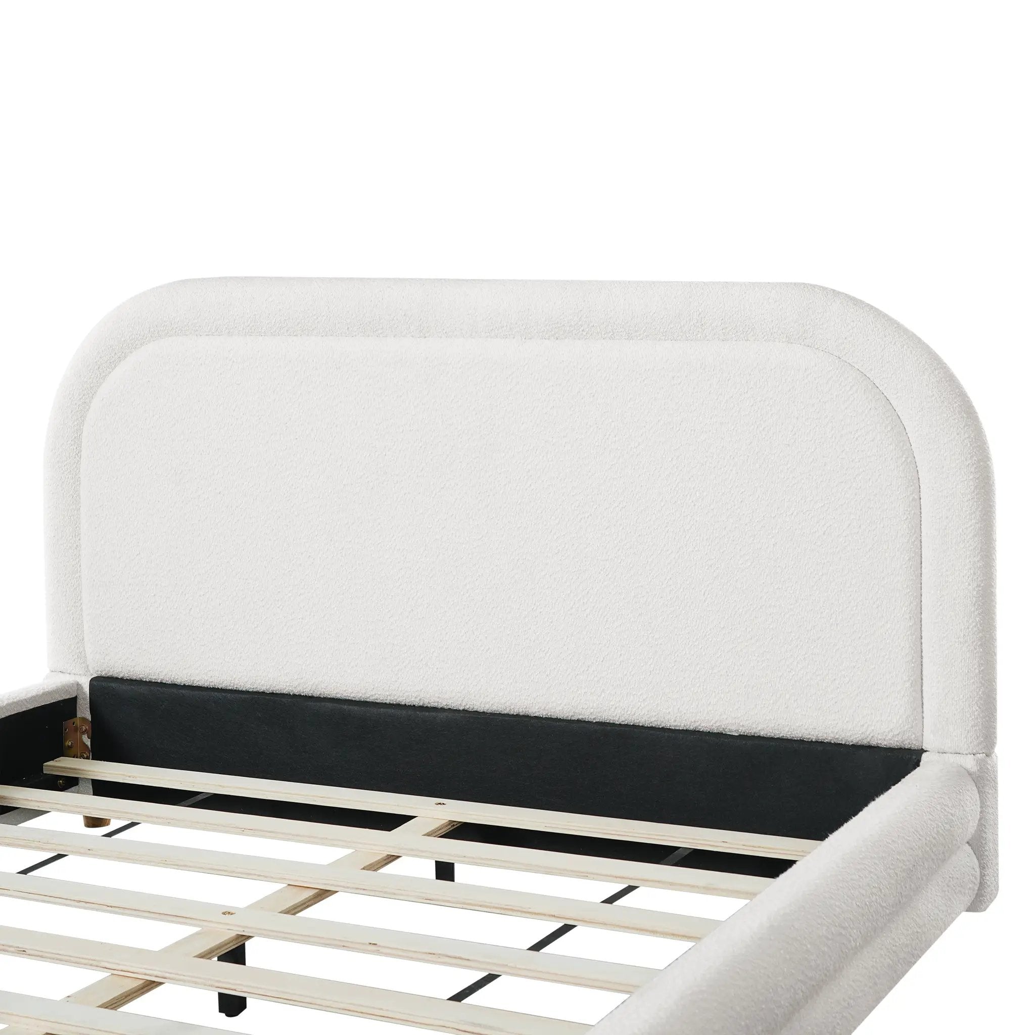 Queen Size Bed Frame With Boucle Upholstered Thick Curved Headboard, Solid Wood Legs by HouseOfZazla