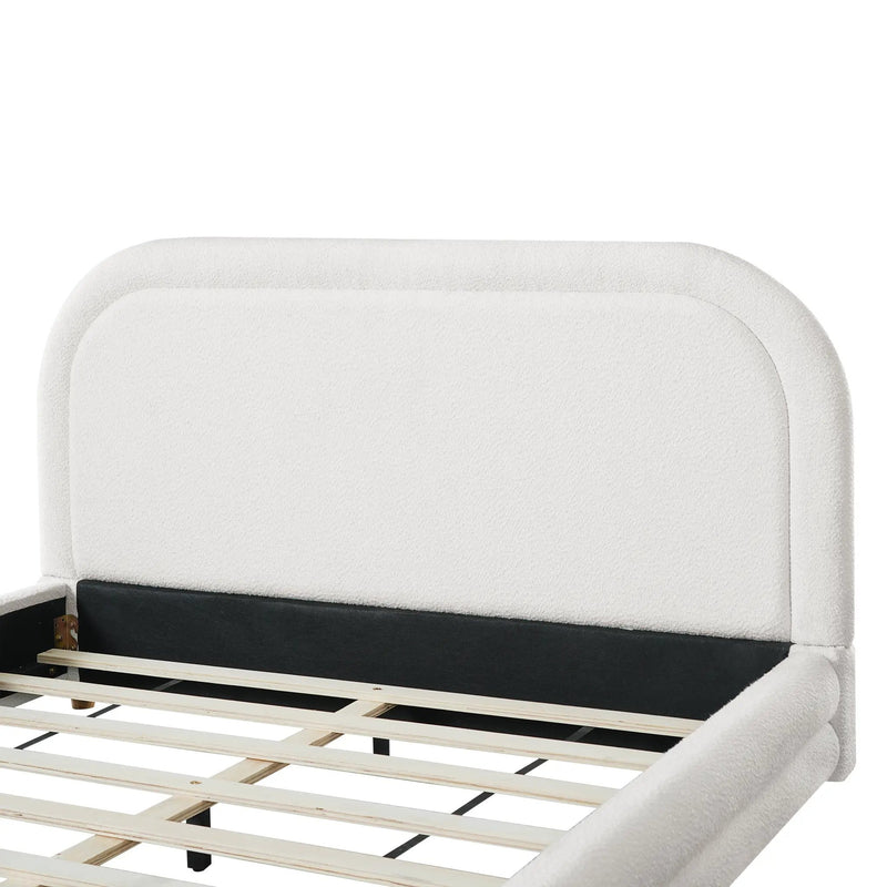 Queen Size Bed Frame With Boucle Upholstered Thick Curved Headboard, Solid Wood Legs by HouseOfZazla