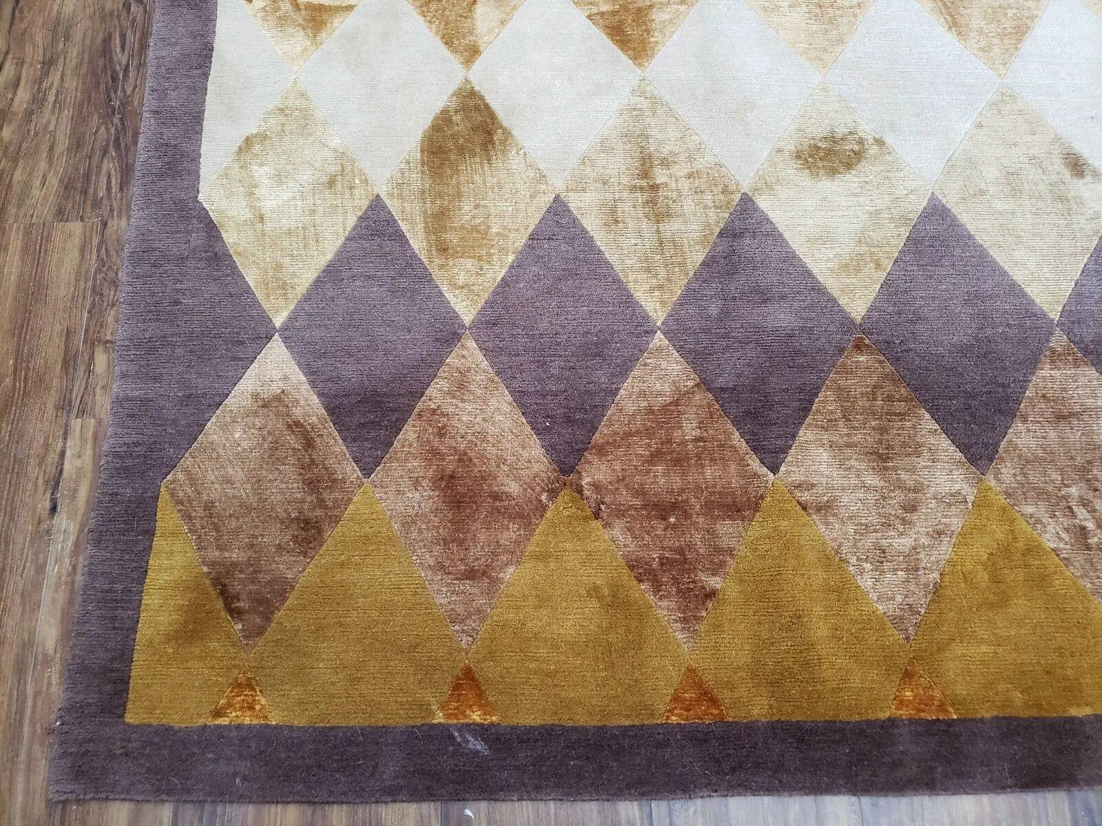 Modern Tibetan Rug 8.6 x 11, Wool and Silk, Multicolor, Diamond Panel Design by Jewel Rugs