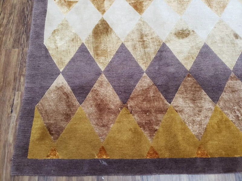 Modern Tibetan Rug 8.6 x 11, Wool and Silk, Multicolor, Diamond Panel Design by Jewel Rugs
