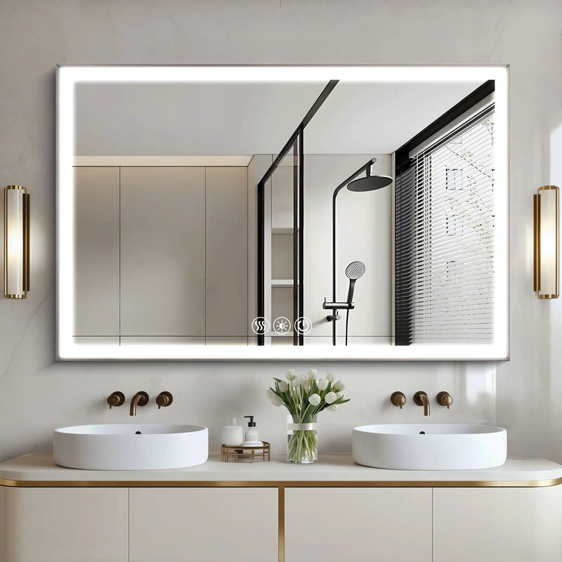 Modern LED Bathroom Vanity Mirror With Aluminum Frame, 45° Beveled Lights, Anti Fog - Silver by Unique Piece Furniture