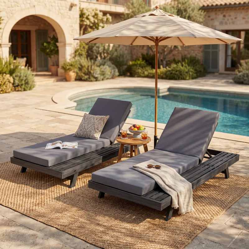 Lounge Chaise Set in Black Acacia Wood with Water-Resistant Cushions by HouseOfZazla