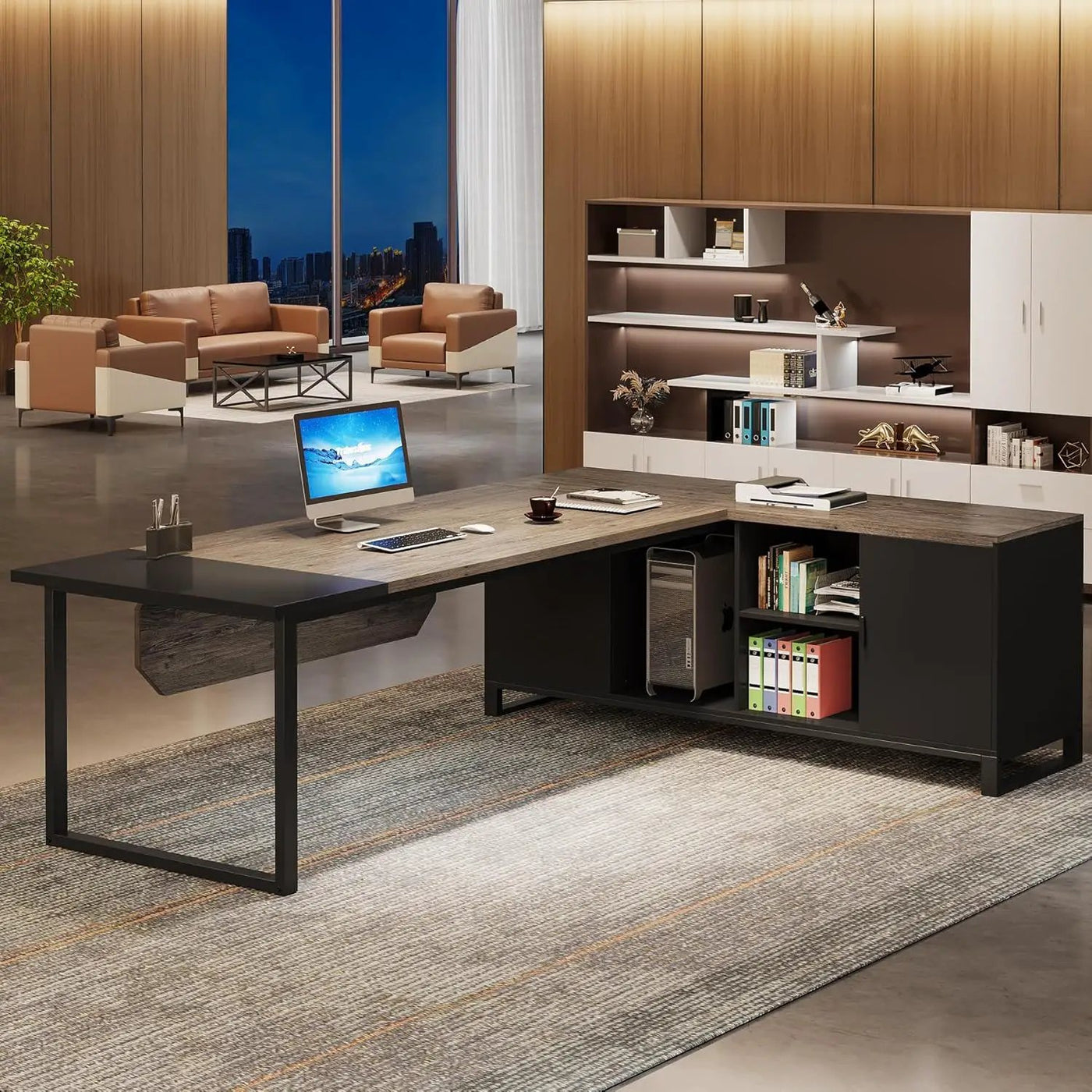 L-Shaped Executive Desk With File Cabinet, Computer Workstation With Storage by HouseOfZazla