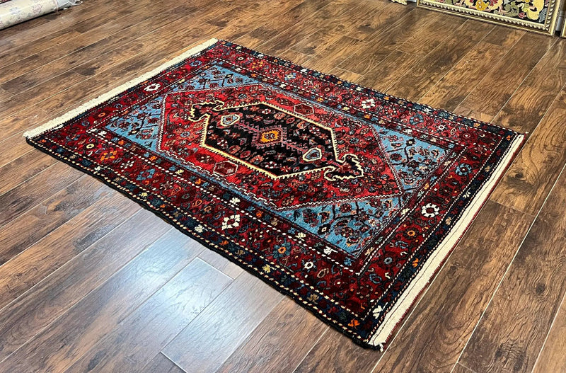 Antique Persian Tribal Rug 4x7, Wool Handmade 1920s Carpet, Red Blue, Persian Hamadan Rug by Jewel Rugs