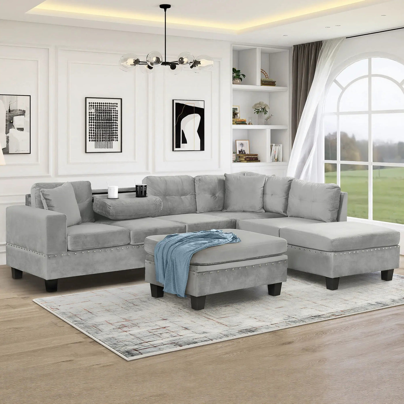 Modern Sectional Sofa With Storage Ottoman, L - Shape Couch With 2 Pillows And Cup Holders by Unique Piece Furniture