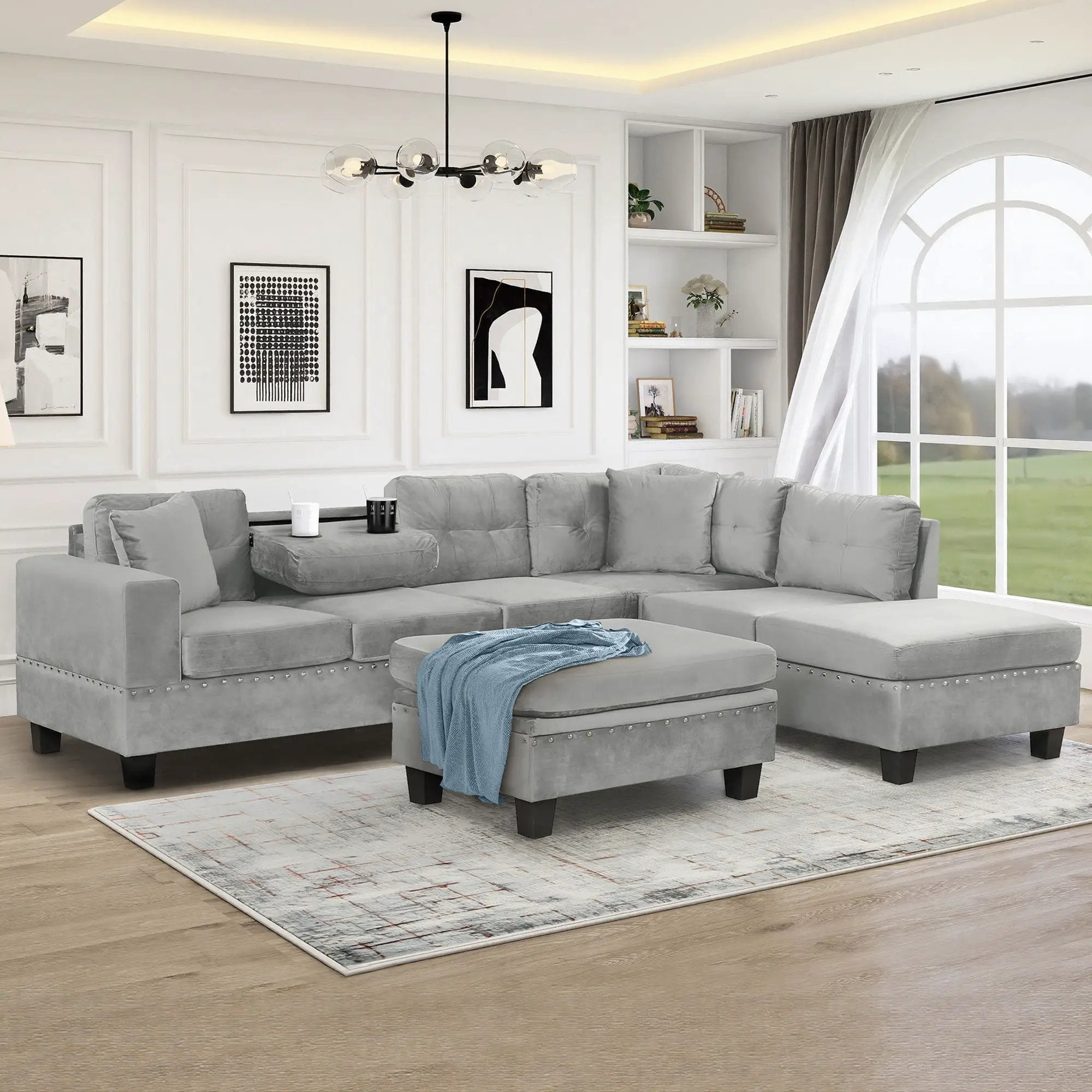 Modern Sectional Sofa With Storage Ottoman, L - Shape Couch With 2 Pillows And Cup Holders by Unique Piece Furniture