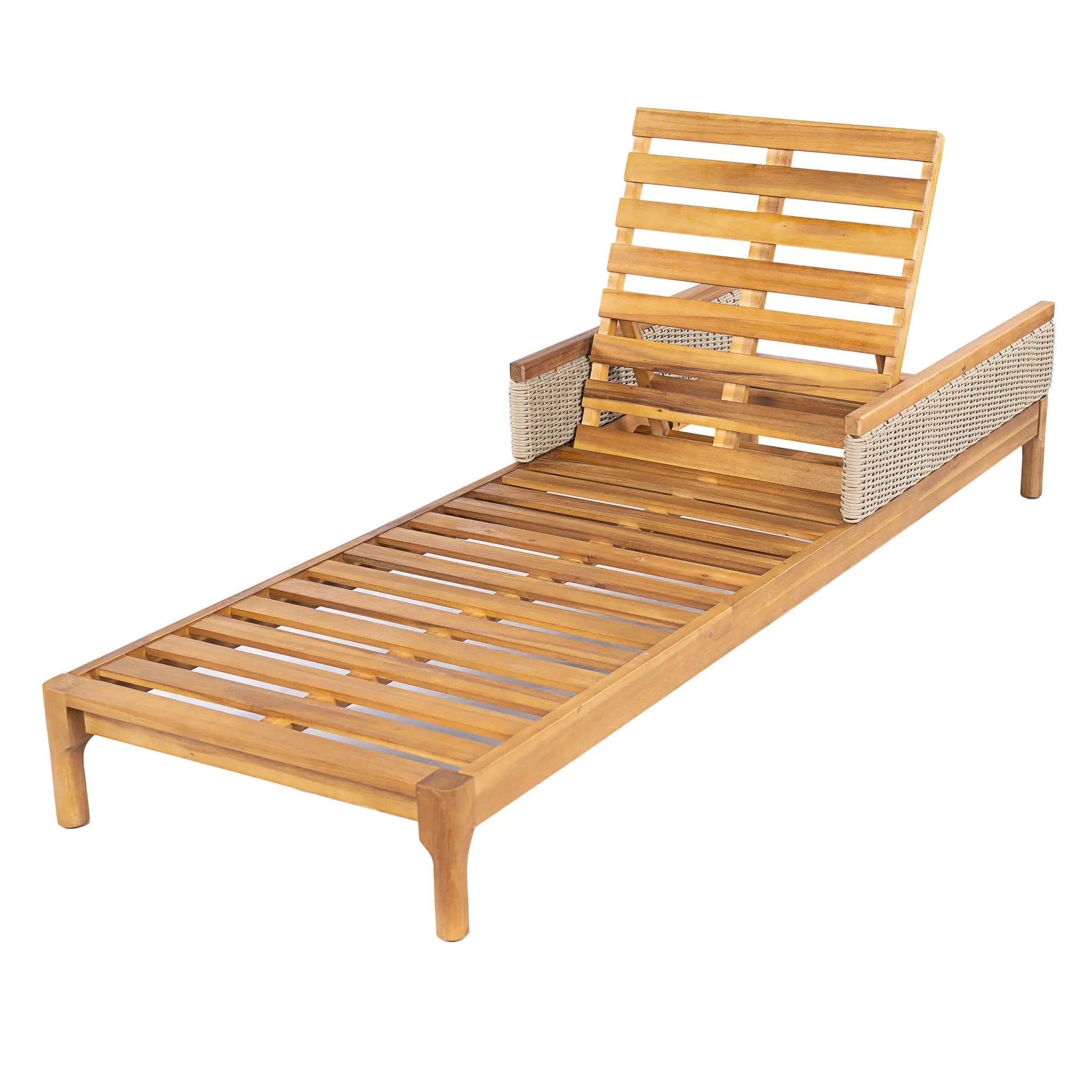 Solid Acacia Wood Sun Lounger with Grey Cushions and Light Grey Wicker by HouseOfZazla