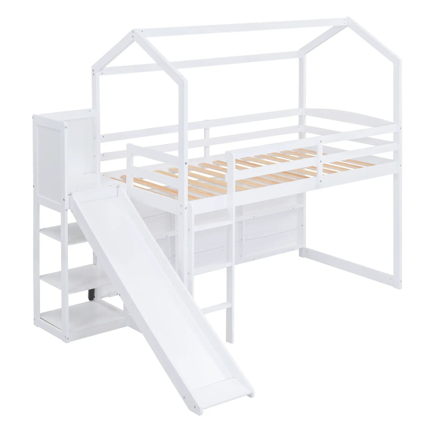 House Loft Bed With Slide, Storage Shelves And Light, Climbing Ramp by HouseOfZazla