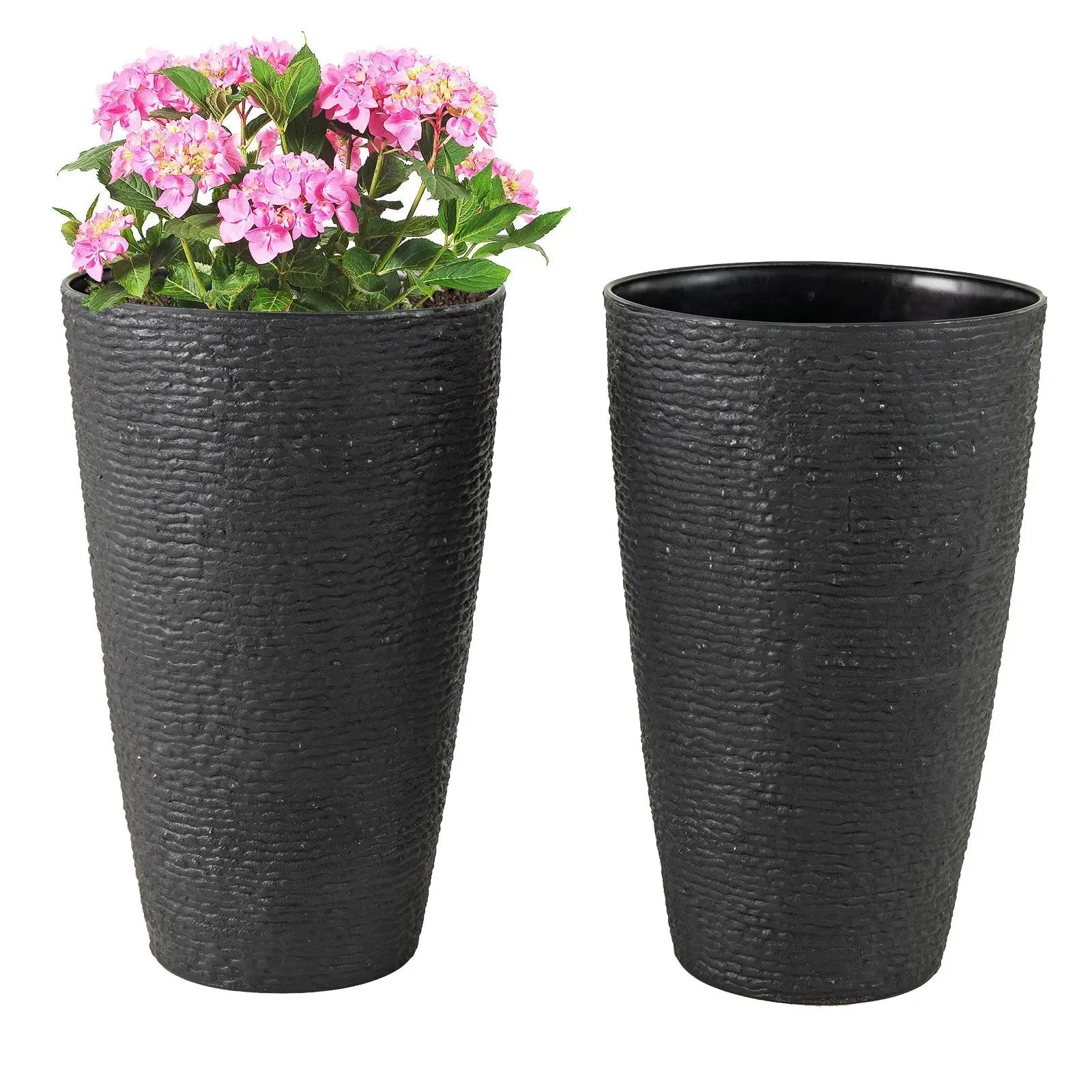 21 Inch Tall Round Plastic Planters Set of 2 Flower Pots with Drainage System-Black by DirectDeals
