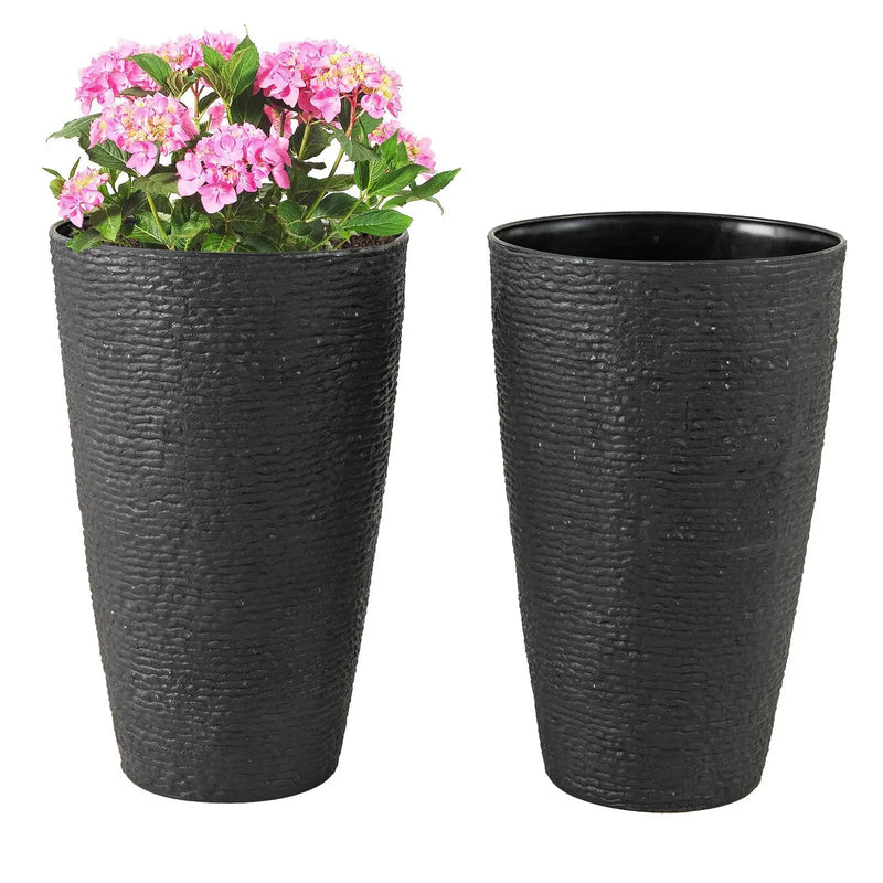 21 Inch Tall Round Plastic Planters Set of 2 Flower Pots with Drainage System-Black by DirectDeals