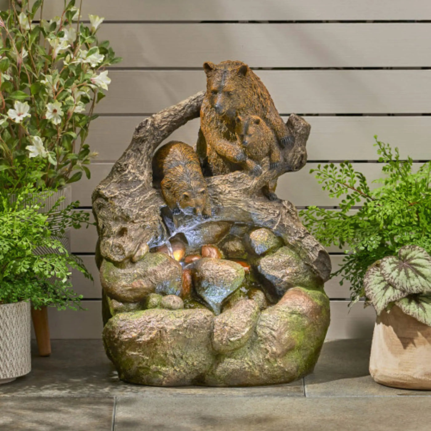 22-Inch Weather-Resistant Outdoor Bears On A Log Floor Fountain With LED Lights (SAK77651) by SAKSBY WHOLESALE