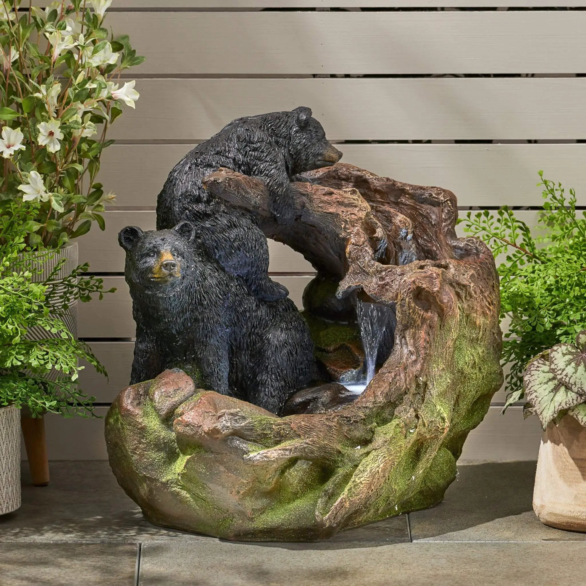 [CLEARANCE] Alora 22-Inch Weather-Resistant Outdoor Bears On A Log Floor Fountain With LED Lights (SAK77651) by SAKSBY WHOLESALE