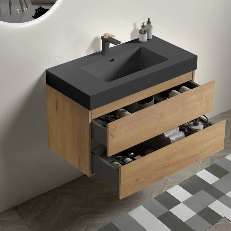 Alice - Natural Oak Bathroom Vanity With Sink, Large Storage Wall Mounted Floating Bathroom Vanity For Modern Bathroom, One-Piece Sink Basin Without Drain by Unique Piece Furniture