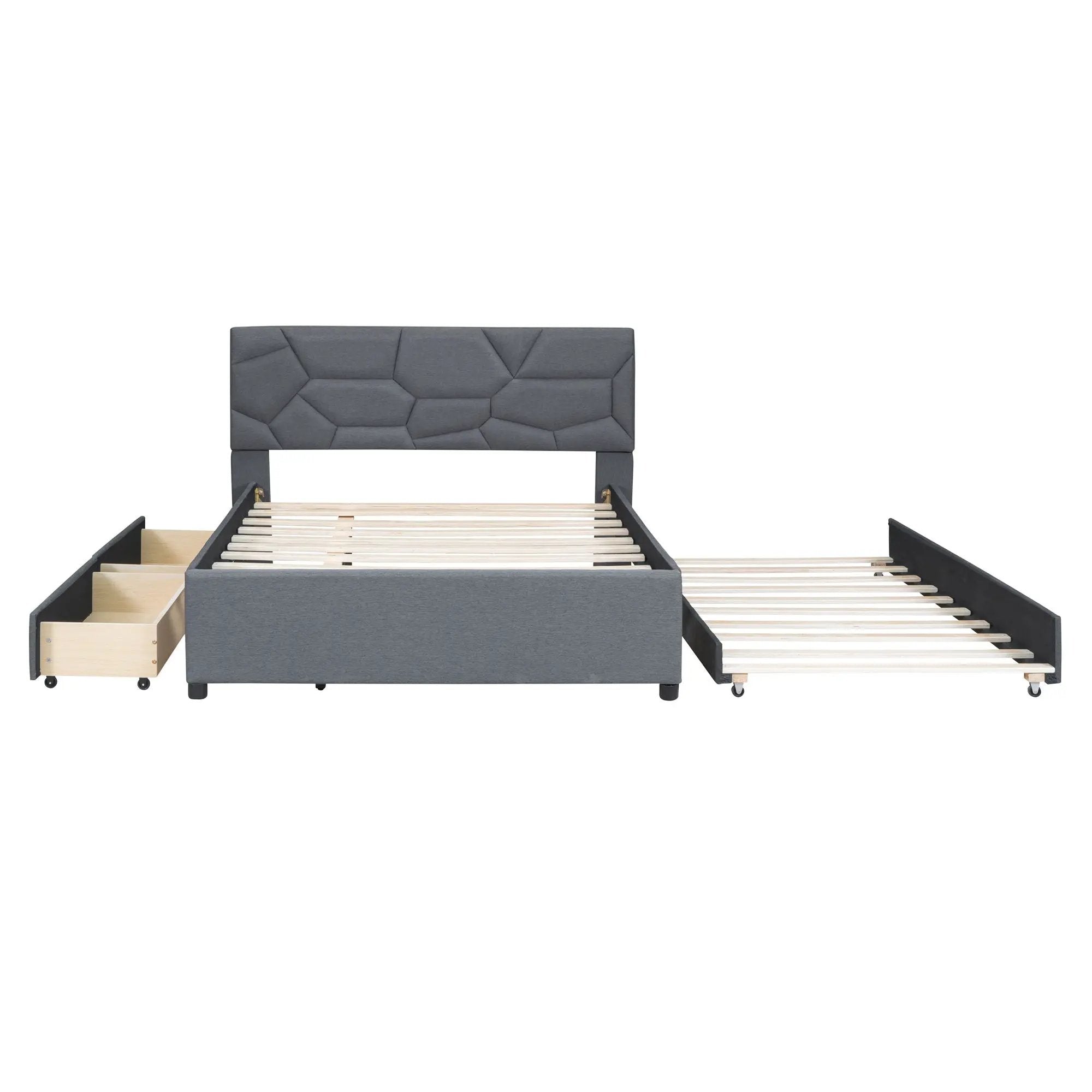 Upholstered Platform Bed With Brick Pattern Headboard And Twin Long Size Trundle by HouseOfZazla