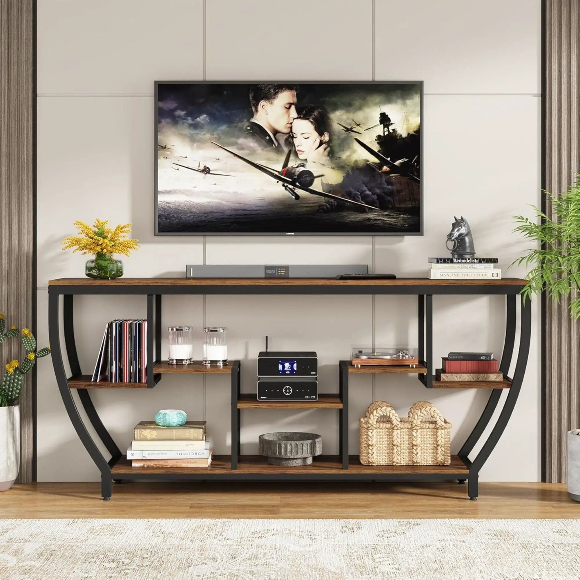 Extra Long Entryway Console Sofa Table With 7 Tier Shelves - Brown / Black by HouseOfZazla