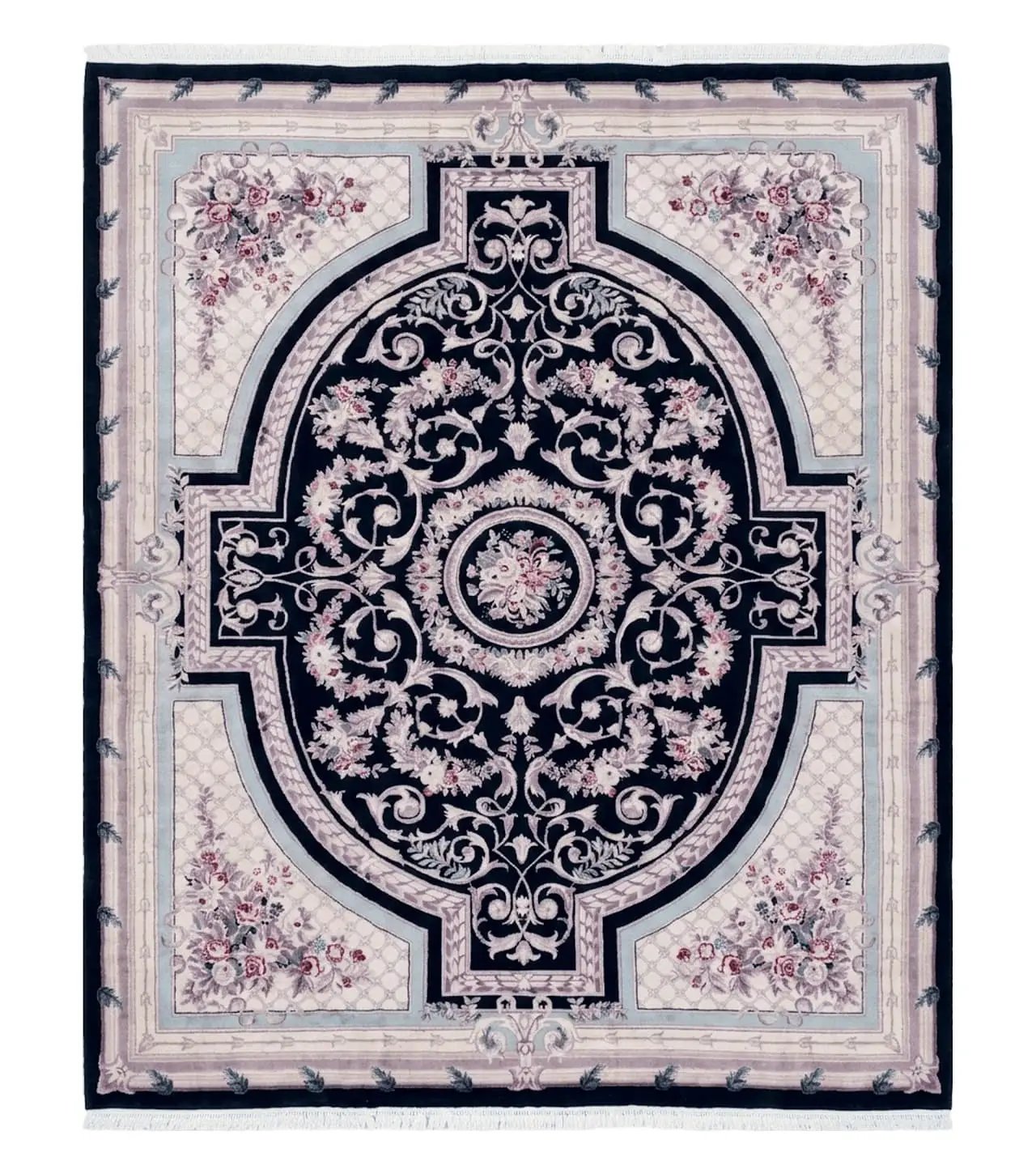 8x10 Aubusson Rug, Fine Hand Knotted Wool Carpet, French European Design, Black & Ivory by Jewel Rugs