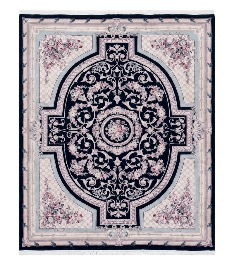 8x10 Aubusson Rug, Fine Hand Knotted Wool Carpet, French European Design, Black & Ivory by Jewel Rugs
