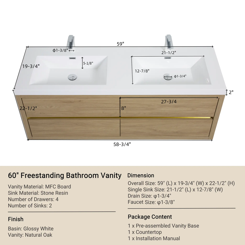 60" Wall-Mounted Bathroom Vanity with Double Sinks by HouseOfZazla