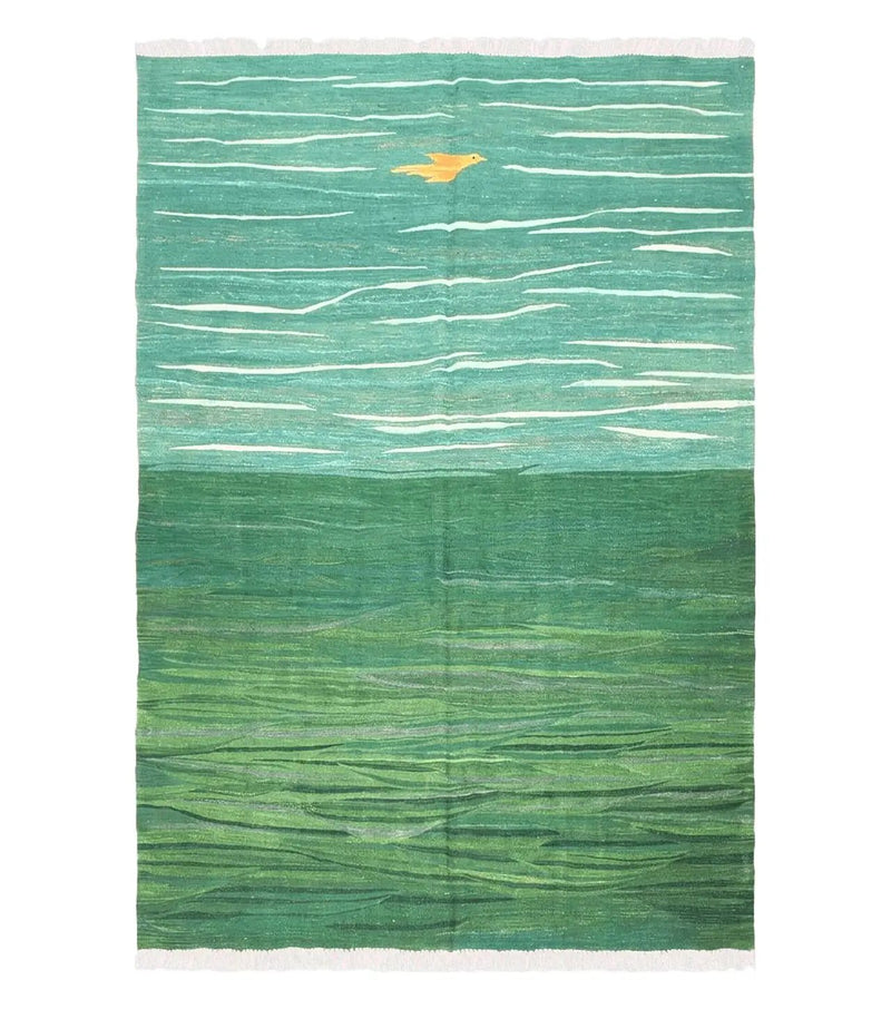 Green Turkish Kilim Rug, 6x9 - 7x10 Rugs, Bird, Handmade New Area Rug, Wool, Bohemian Boho Decor, Hand Woven, Modern Abstract Flat Weave Rug by Jewel Rugs