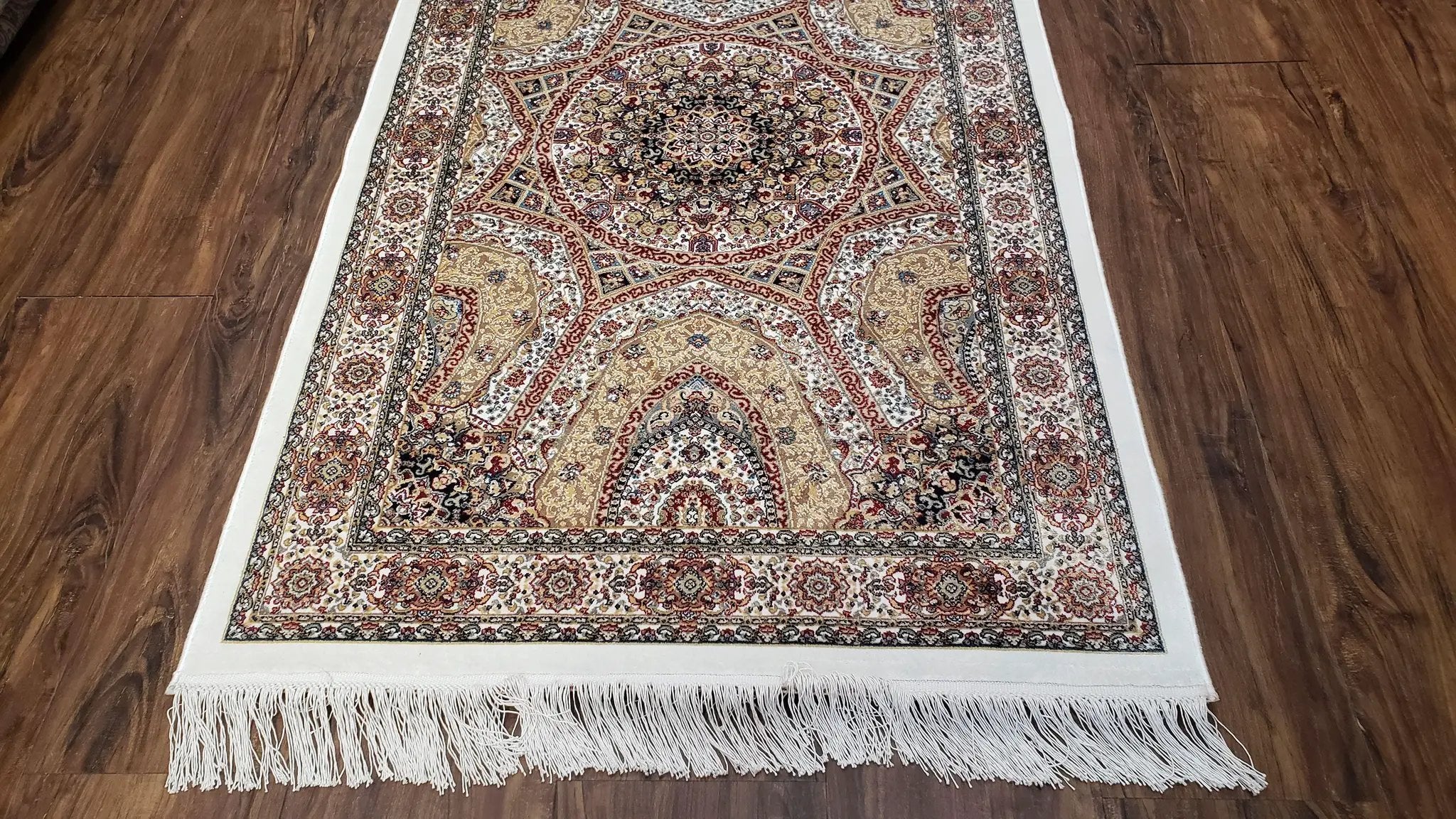 Persian Design Silk Accent Rug, Dome Medallion, Allover Pattern Oriental Carpet, Small Silk Rug, Cream, Ivory, Bamboo Silk, 2' 8" x 4' 1" by Jewel Rugs