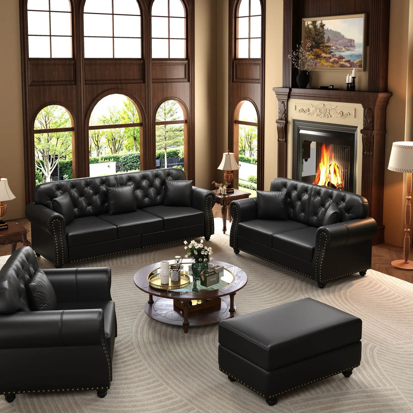 Upholstered Sofa With Nailhead Trim, Rolled Armrests With Ottoman by HouseOfZazla