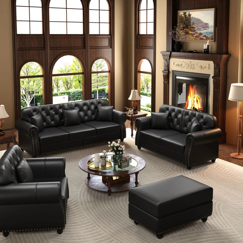 Upholstered Sofa With Nailhead Trim, Rolled Armrests With Ottoman by HouseOfZazla