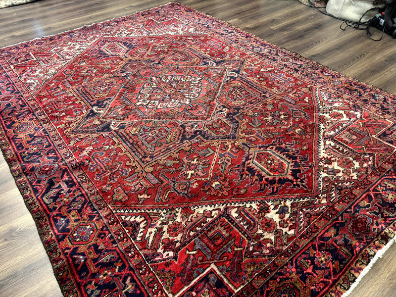 Persian Heriz Rug 7x10, Geometric Pattern, Red Ivory Navy Blue by Jewel Rugs