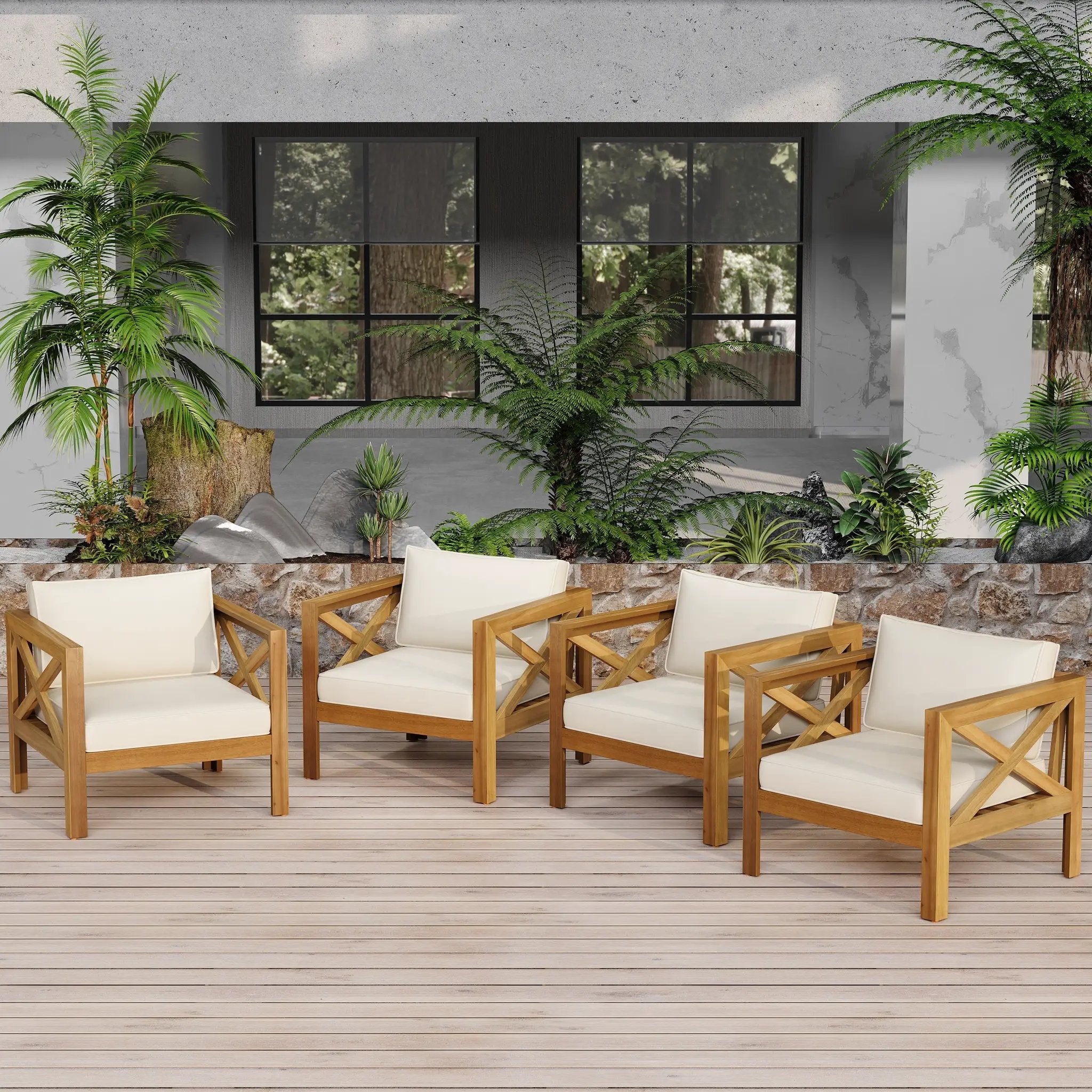 Outdoor Acacia Wood Club Armchair with Cushions (Set of 4) by HouseOfZazla