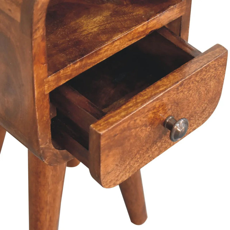 Solid Wood Extra Mini Curve Bedside, 1-Drawer, 1 Open-Slot, Chestnut by HouseOfZazla