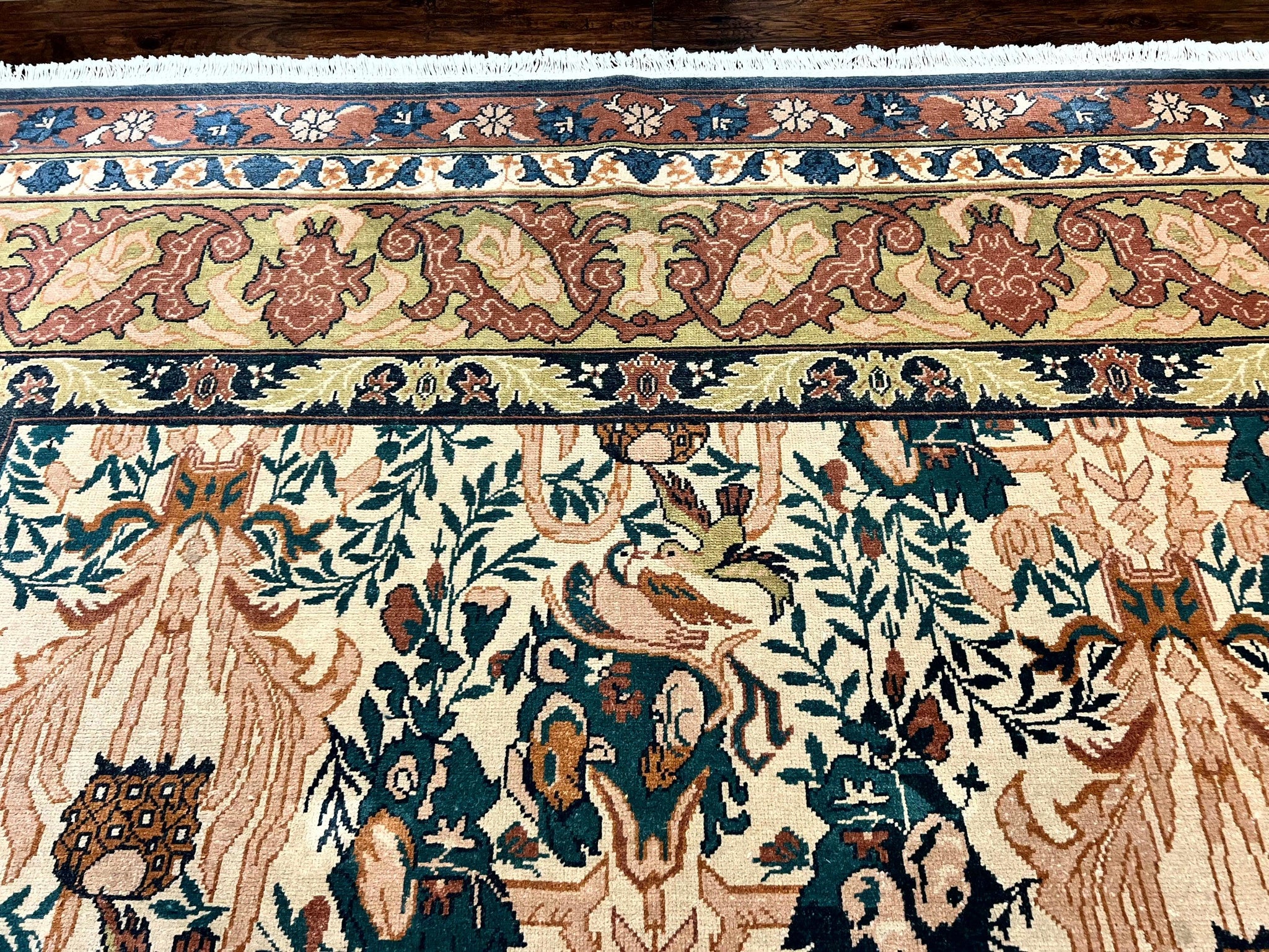 10x13 Wool Rug, Floral Pattern, Birds, Handmade Vintage Carpet, Couristan Rug, Beige by Jewel Rugs