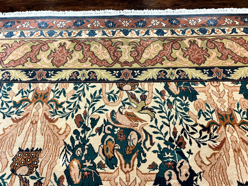 10x13 Wool Rug, Floral Pattern, Birds, Handmade Vintage Carpet, Couristan Rug, Beige by Jewel Rugs