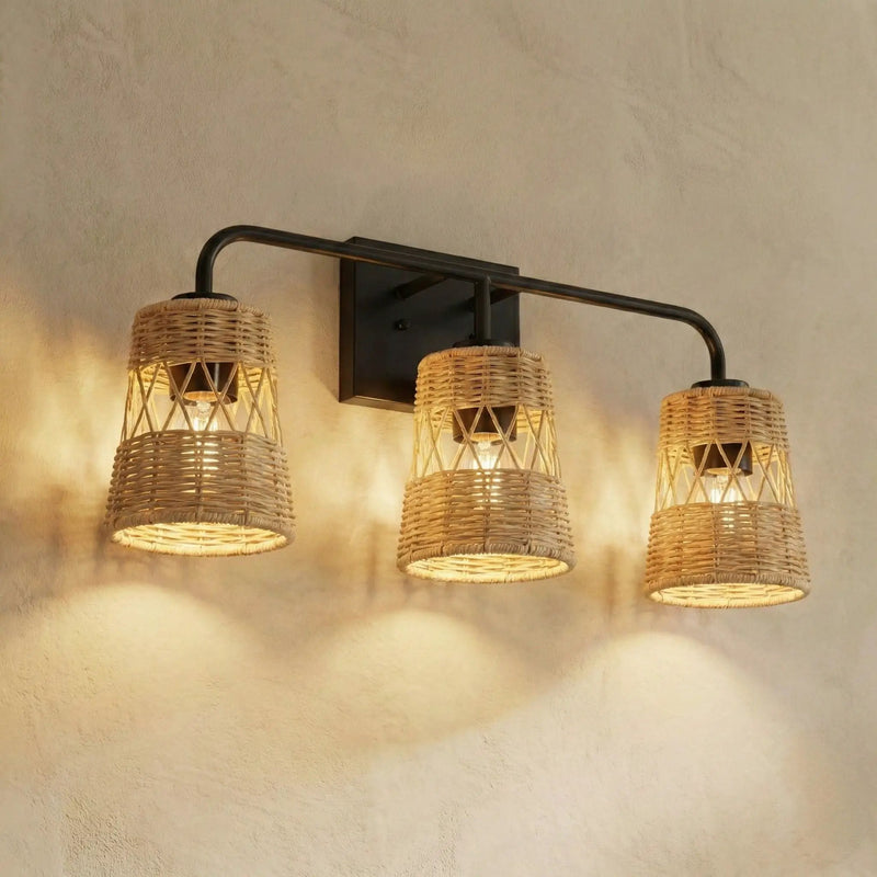 Moonlit - 3 Lights Wall Sconce With Shade, Bathroom Lighting Fixtures Over Mirror - Black / Rattan by Unique Piece Furniture