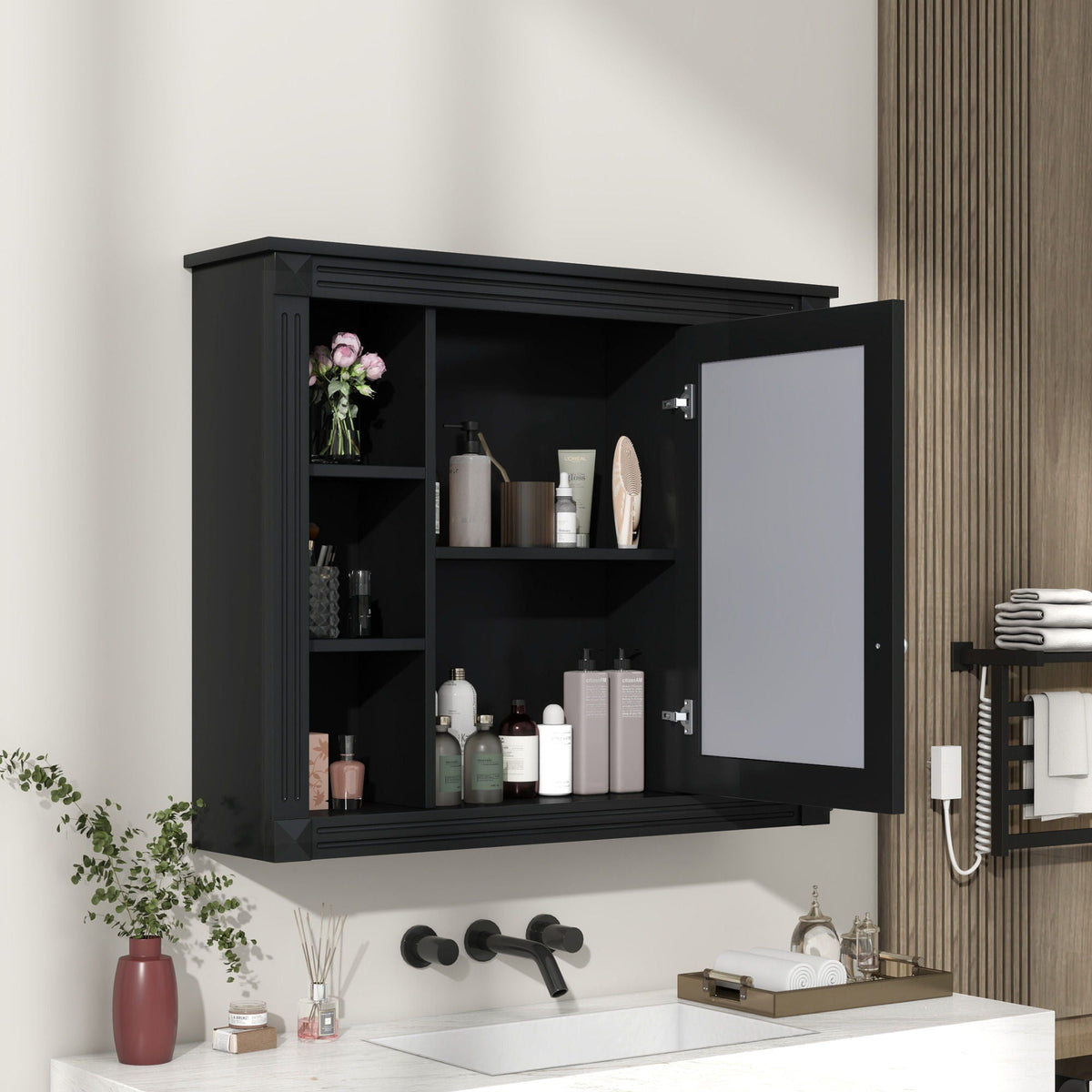 Wall-Mounted Bathroom Storage Cabinet with Mirror and 6 Open Shelves - Black, photo 2 of 4