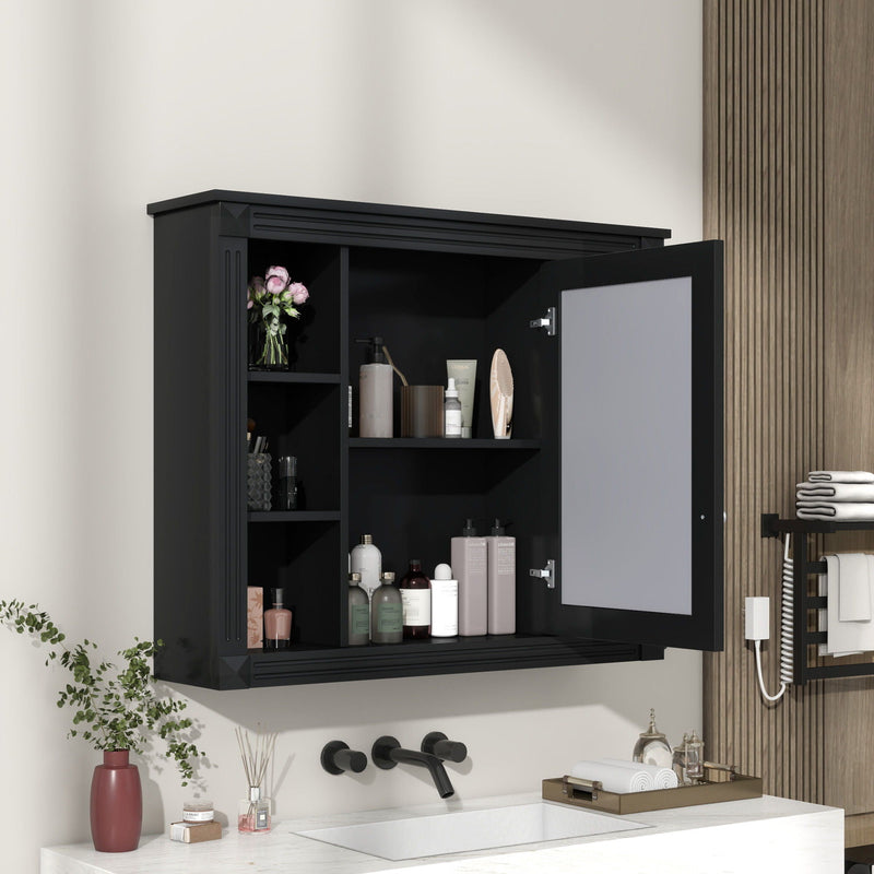 Wall-Mounted Bathroom Storage Cabinet with Mirror and 6 Open Shelves - Black, photo 2 of 4