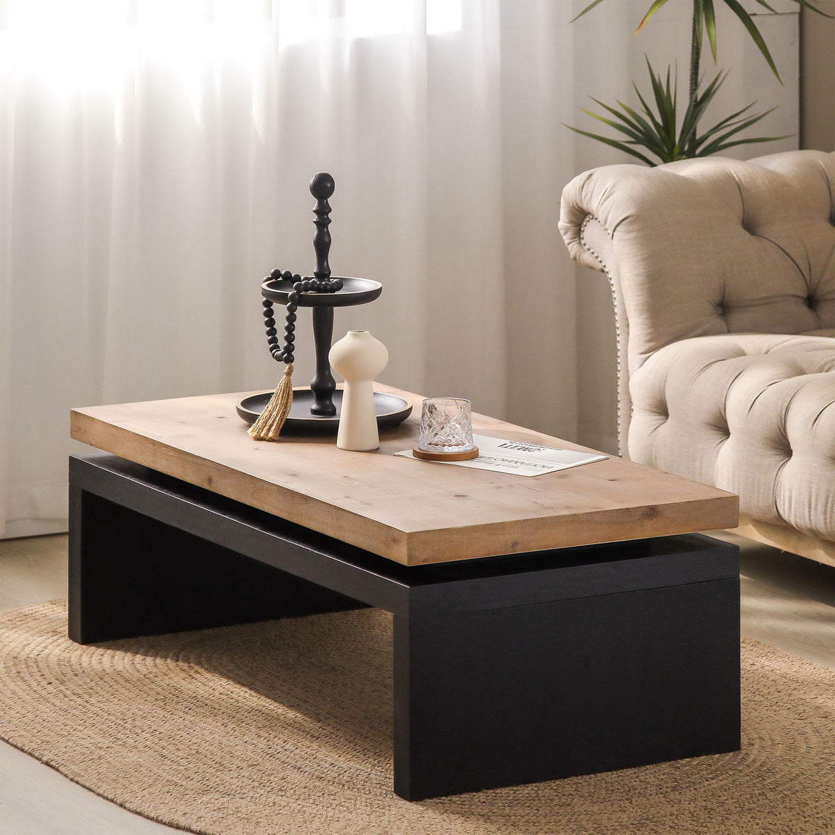 Rectangular Coffee Table with Engineered Wood Top and Black Frame - Black/Natural, photo 3 of 9