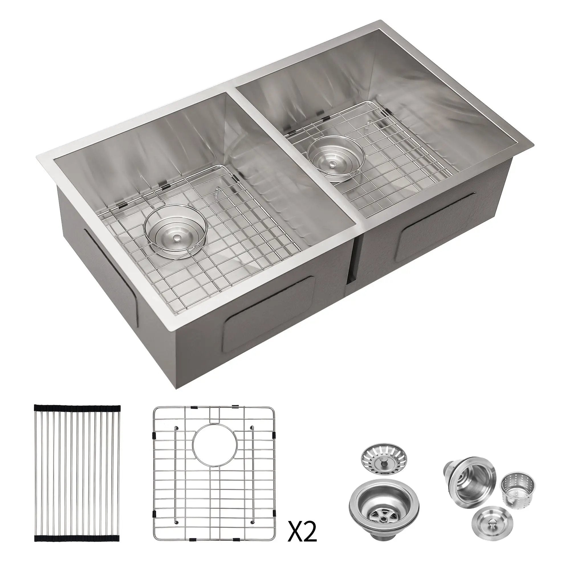 16 Gauge Undermount Double Bowl Kitchen Sink With 9" Deep Bowls - Brushed Nickel by HouseOfZazla