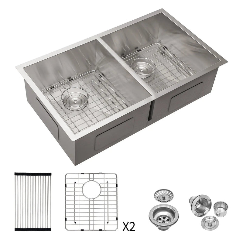 16 Gauge Undermount Double Bowl Kitchen Sink With 9" Deep Bowls - Brushed Nickel by HouseOfZazla