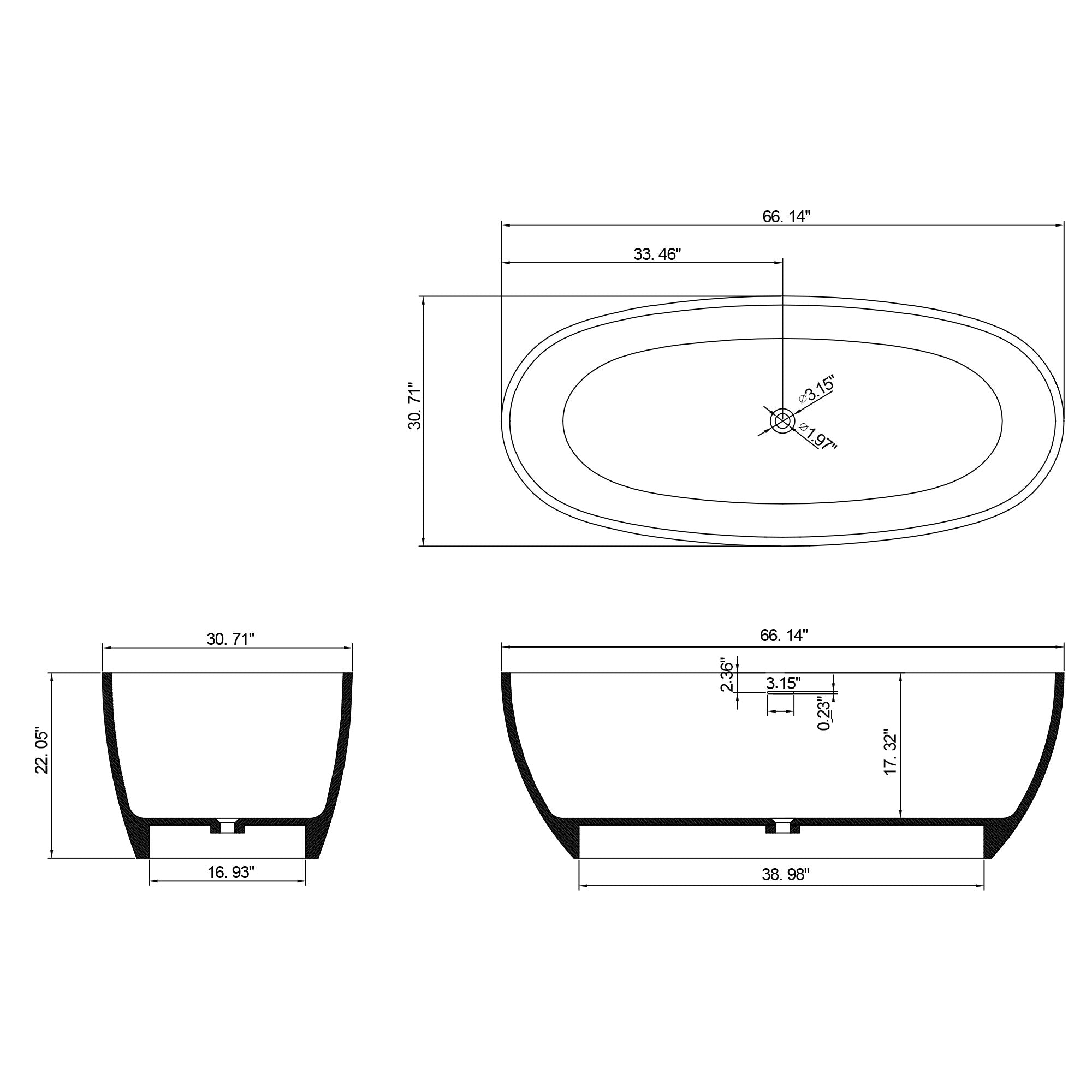 67 in. x 31 in. Oval Freestanding Solid Surface Soaking Bathtub with Center Drain in Matte by HouseOfZazla