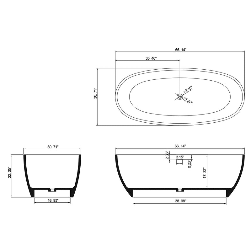 67 in. x 31 in. Oval Freestanding Solid Surface Soaking Bathtub with Center Drain in Matte by HouseOfZazla
