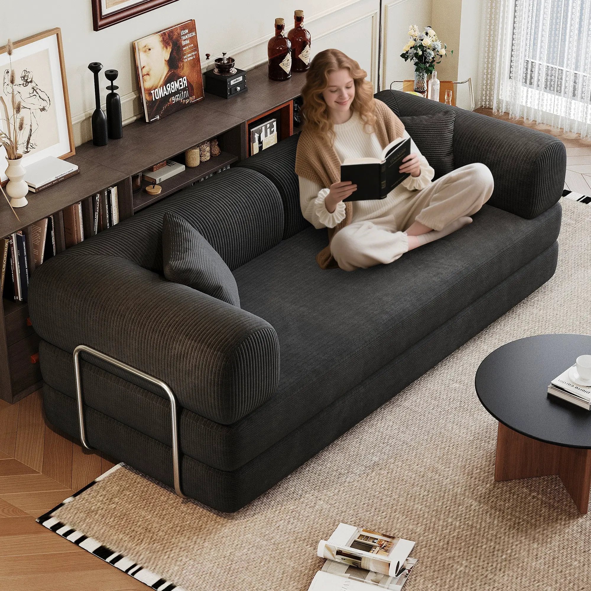78.8' Compression Sofa,Convertible Floor Sofa Bed-with Pillow Back Support Armrest,Comfy Futon Couch Sleeper Bed,Loveseats Boneless Modular Sectional Sofa,Corduroy fabric,for Living Room,Bedroom,Black by HouseOfZazla