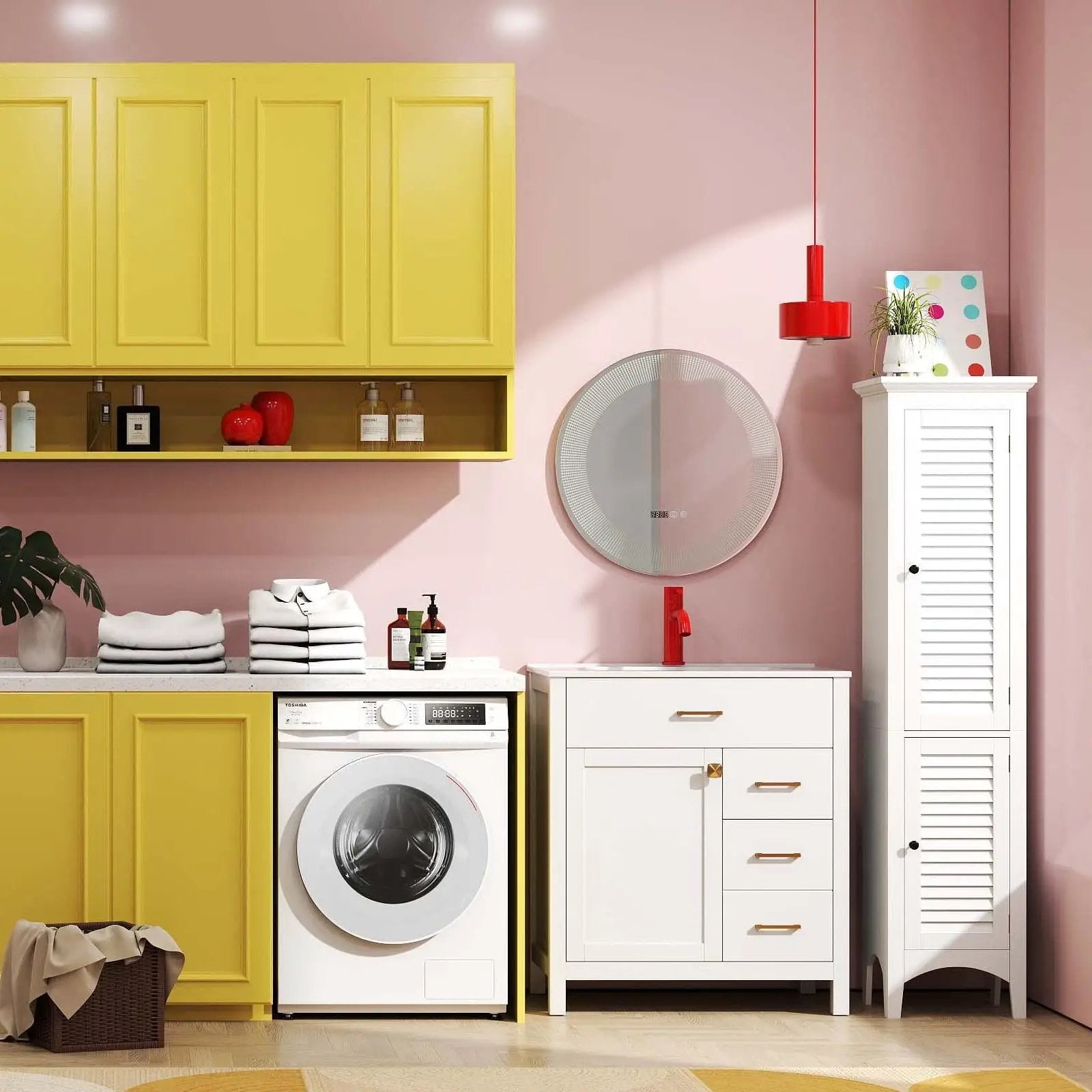 3-Piece Laundry room Bundle: Single Bathroom Vanity + Tall Bathroom Floor Cabinet + 2.6 Cu.ft Compact Portable Clothes Dryer by DirectDeals