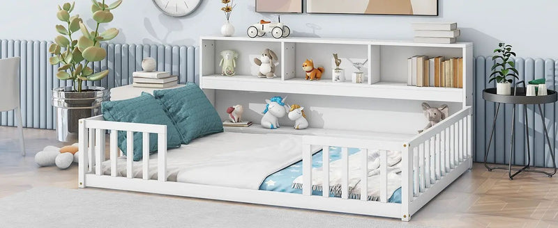 Floor Bed With Side Bookcase, Shelves, Guardrails by HouseOfZazla