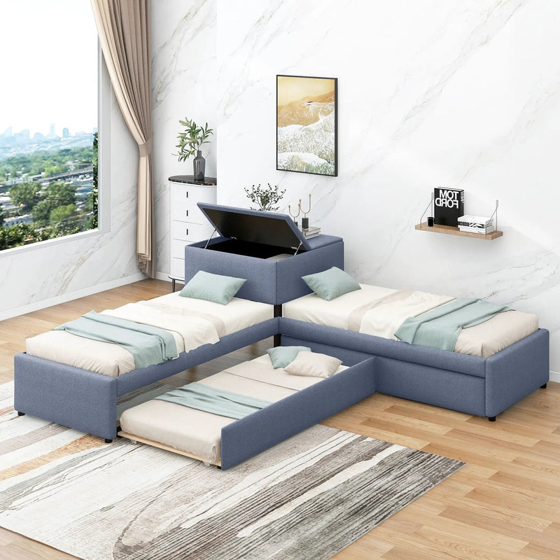 L Shaped Upholstered Platform Bed With Trundle And 2 Drawers Linked With Built In Desk by HouseOfZazla