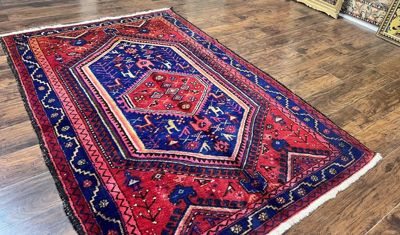 Persian Tribal Rug 5x7, Wool Handmade Vintage Hamadan Nahavand Carpet, Red & Navy Blue, Animal Motifs, Geometric Oriental Rug 5 x 7 by Jewel Rugs