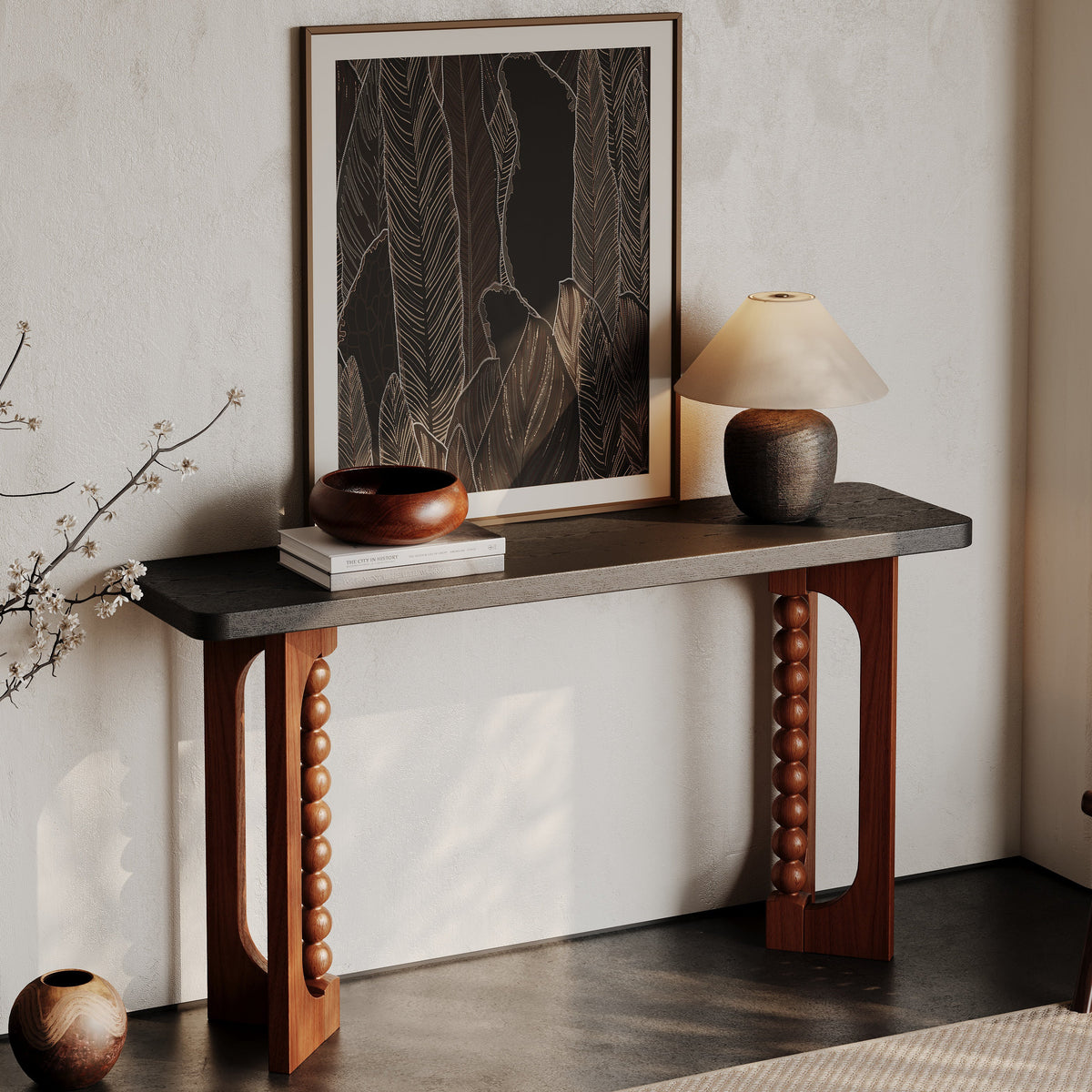 Wood Console Table with Lacquered Finish and Spherical Legs - Natural, photo 3 of 10