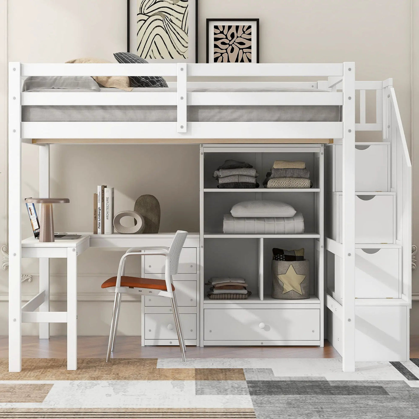 Loft Bed & L Shaped Desk, Drawers, Cabinet, And Storage Staircase by HouseOfZazla