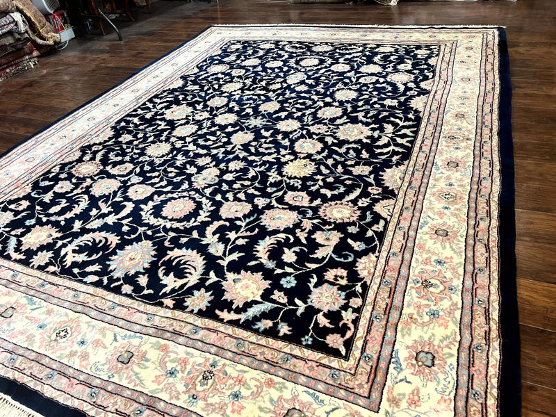 Indo Persian Rug 9x12, Navy Blue and Ivory/Cream, Floral Allover, Wool Vintage Handmade Carpet by Jewel Rugs